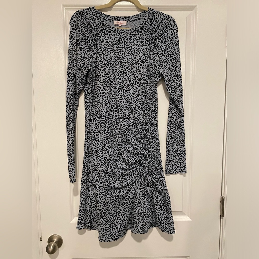 SALE Parker cotton leopard print long sleeve dress with gathering on bottom